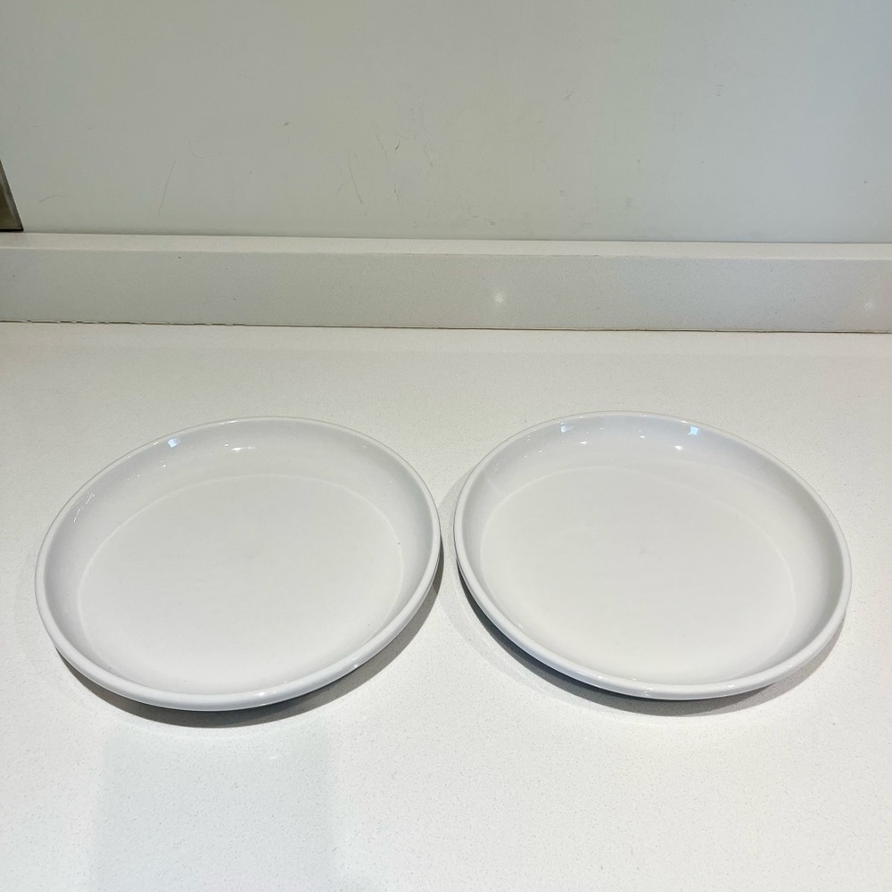CRATE & BARREL WHITE DINNER PLATES 10 1/4" Tobin ? Set of 2